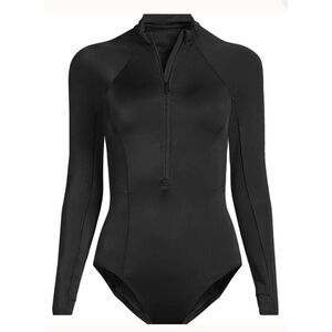Lands End Tugless Long Sleeve Rash Guard One Piece Swimsuit Womens 10 Black NWOT